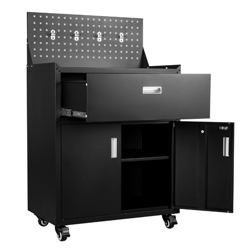 Metal tool cabinet wheels - on,